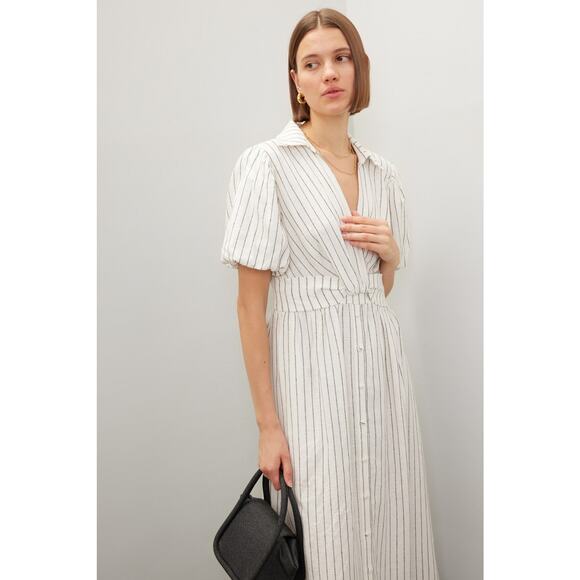 DEREK LAM 10 CROSBY x RTR White Stripe Linen Collar Knot Waist Shirt Dress 38